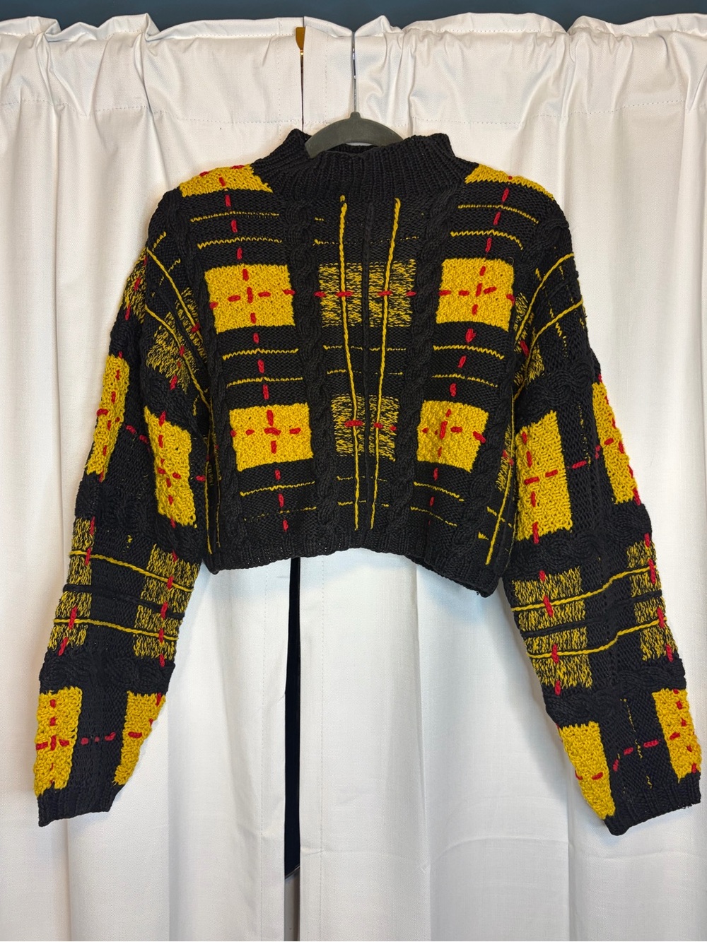 RARE Vintage 80s 90s Michael Simon Handknit Plaid cropped sweater Size Small